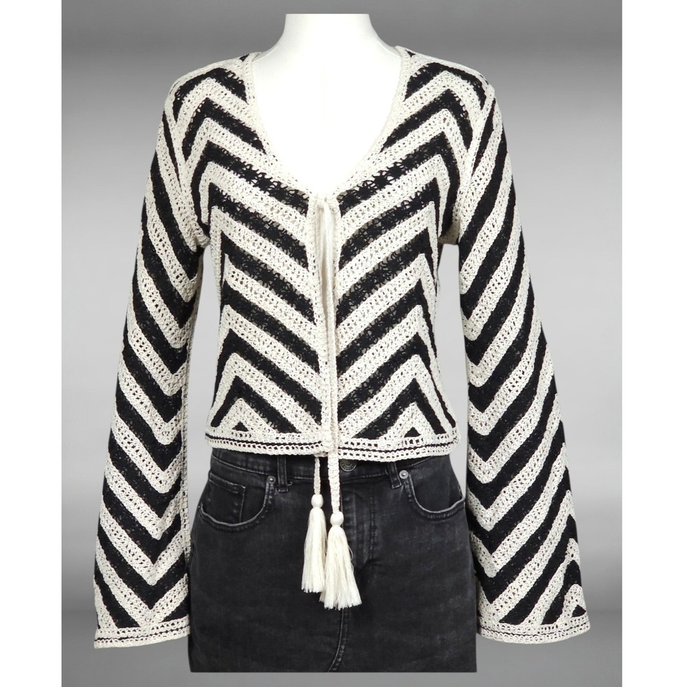 VICI Boho Chic Chevron Crop Crochet Cardigan Black Cream Tie Front Shrug Women M